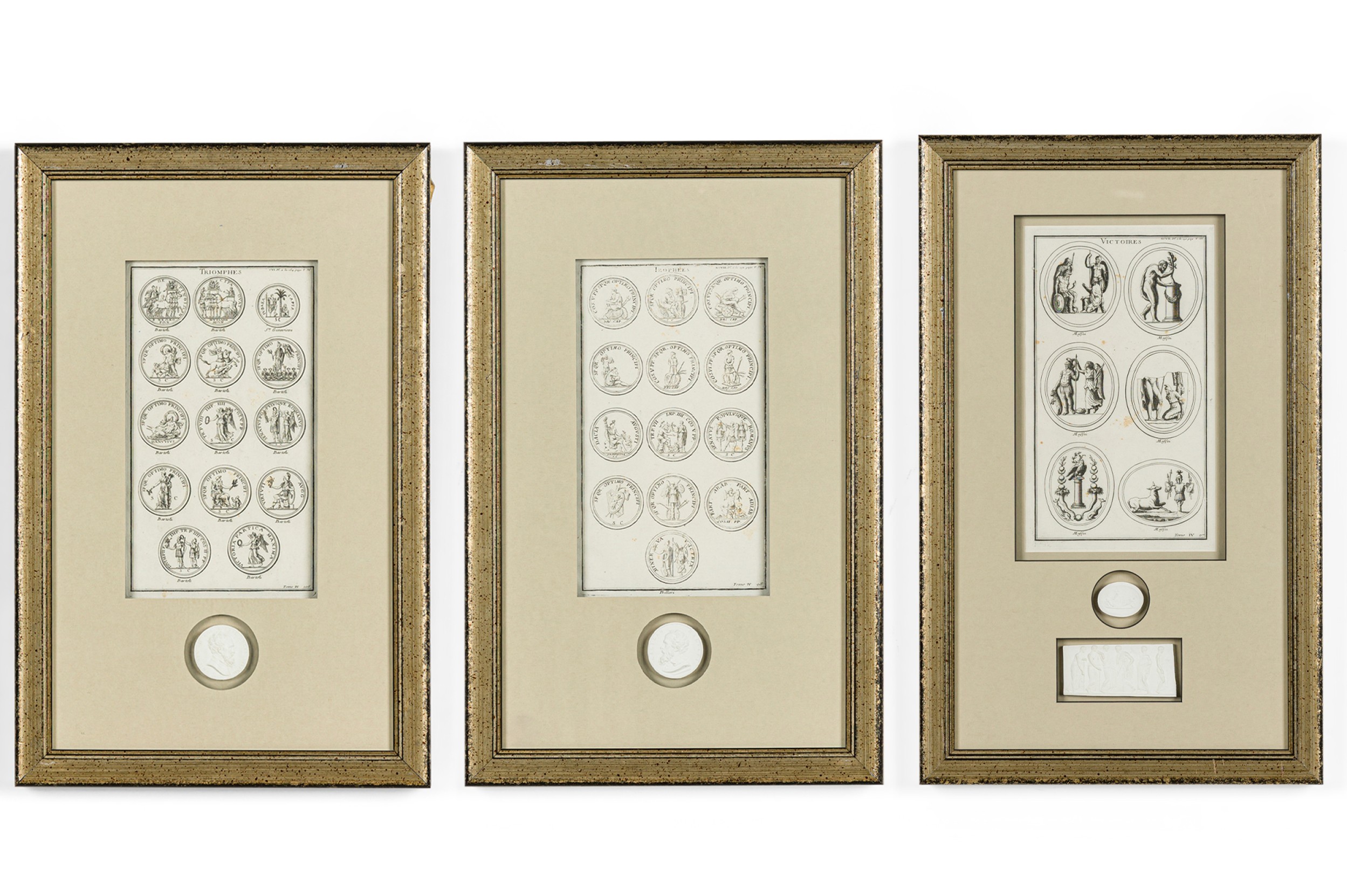 Set of 3 italian neo classic engraved prints of medals with white carved coin